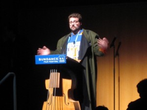 Director/podcast guru Kevin Smith yucks it up at Eccles Theater before the debut screening of his Red State. (Credit: John Brown)